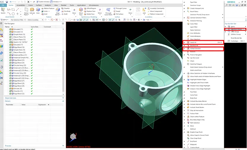 NX Interior Part Volume - Ribbon bar drop down > Selection Group > Turn on select all and all but selected