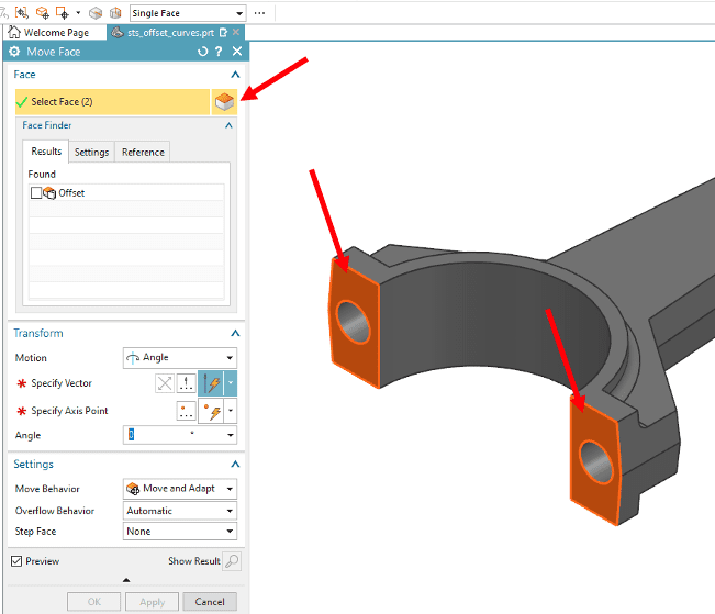 Selecting a face using the Move Face tool in NX Synchronous modeling. Selecting a face using the Move Face tool in NX Synchronous modeling.