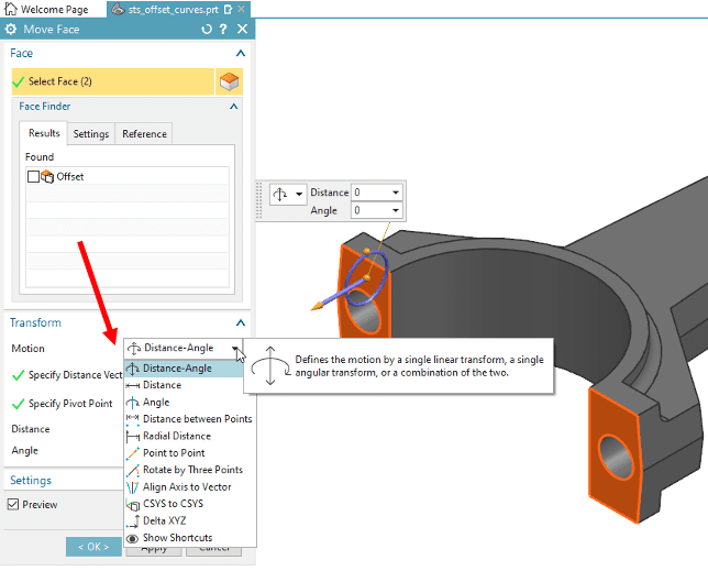 Selecting the type of motion from a dropdown using the Move Face tool in NX Synchronous Modeling.