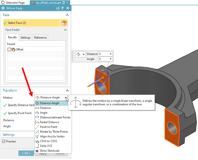 Selecting the type of motion from a dropdown using the Move Face tool in NX Synchronous Modeling. Selecting the type of motion from a dropdown using the Move Face tool in NX Synchronous Modeling.