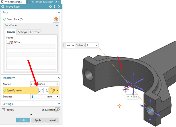 Selecting the vector direction when using the Move Face tool in NX Synchronous modeling.