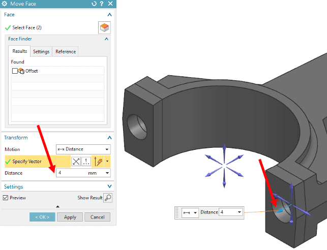 Selecting a distance value for the Move Face tool in NX Synchronous Modeling