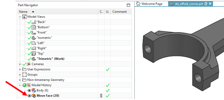 Editing the move face feature in the model history in NX Synchronous modeling. Editing the move face feature in the model history in NX Synchronous modeling.