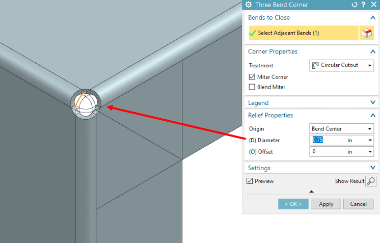 Setting the diameter of a sheet metal corner. Setting the diameter of a sheet metal corner.