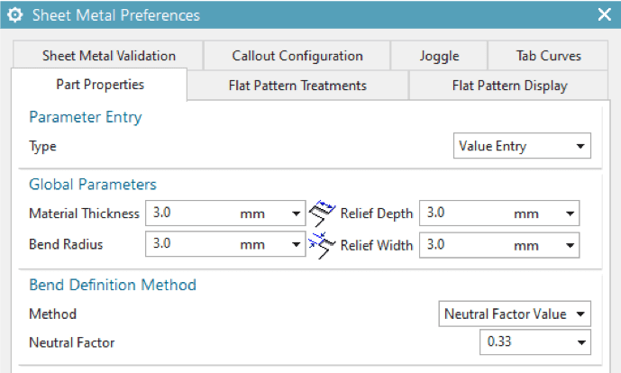 Sheet Metal Preferences Dialogue Box. Set these parameters before starting with your design to ensure the most accurate flat patterns