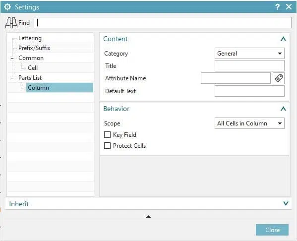 Parts List Column NX CAD Parts List Column Settings