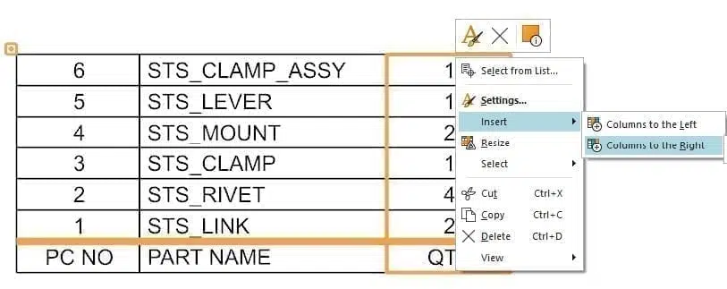 Insert Columns to the Right Quantity Column in NX CAD