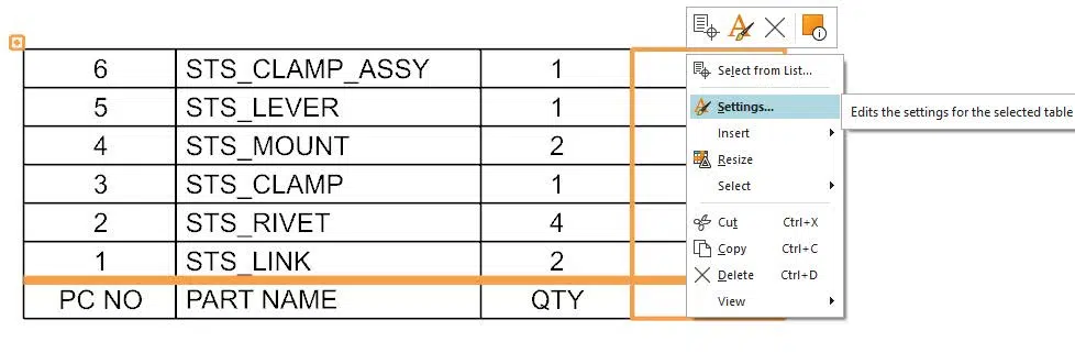 Settings Dialogue in NX CAD Quantity Column Settings Dialogue