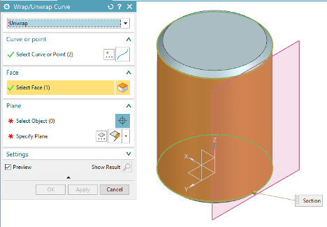 Select Face in the Wrap/Unwrap Curve Settings