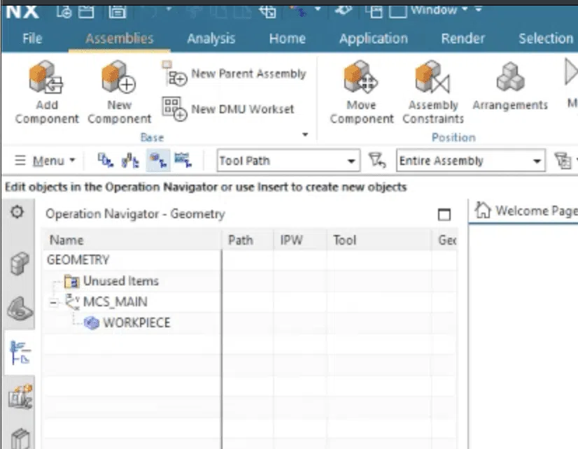 Viewing Workpiece Settings NX Operation Navigator NX