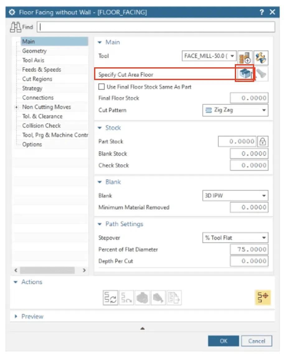 Specify Cut Area Floor IPW Siemens NX